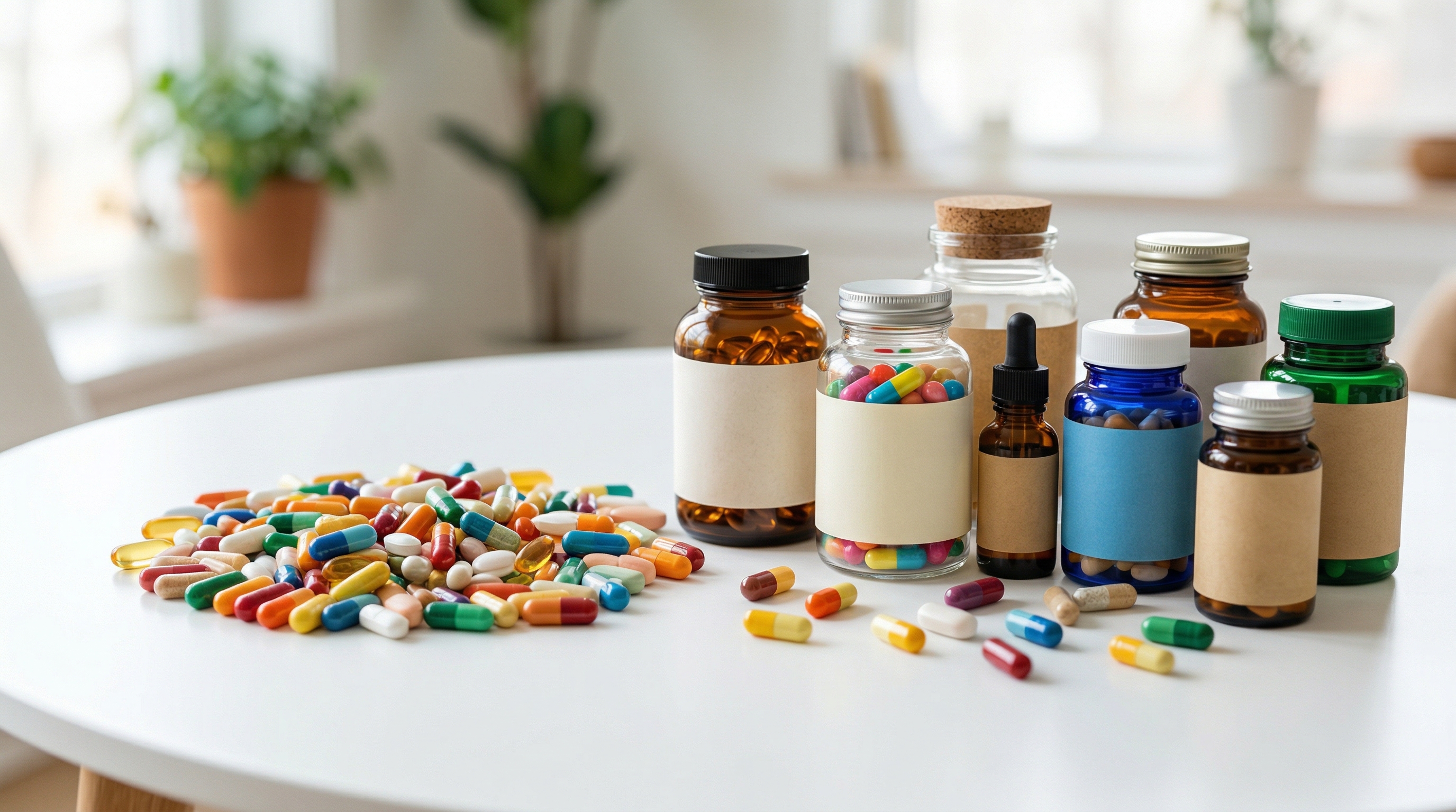 Mejores vitaminas esenciales 2026: cápsulas de suplementos de salud sobre mesa blanca