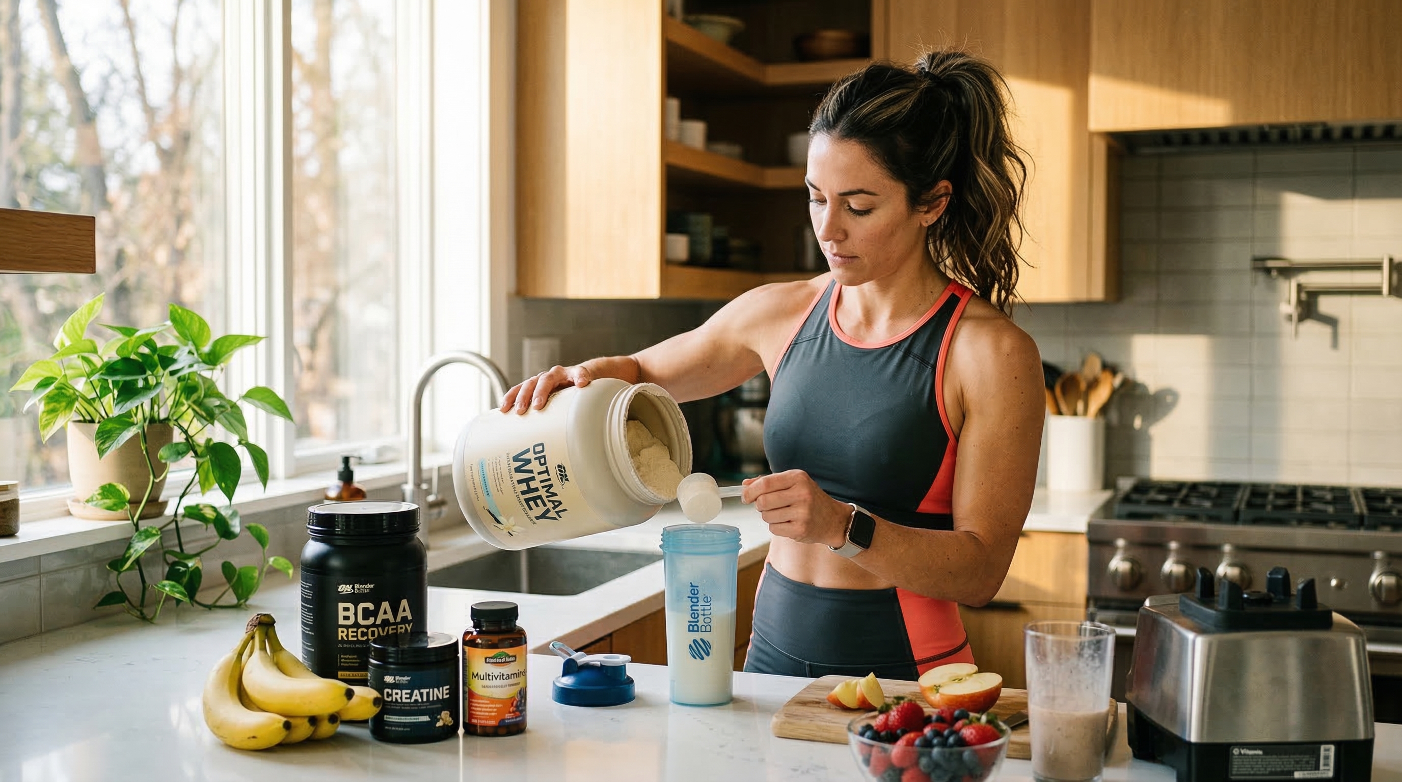 Mujer preparando batido de proteína con suplementos de salud y frutas frescas