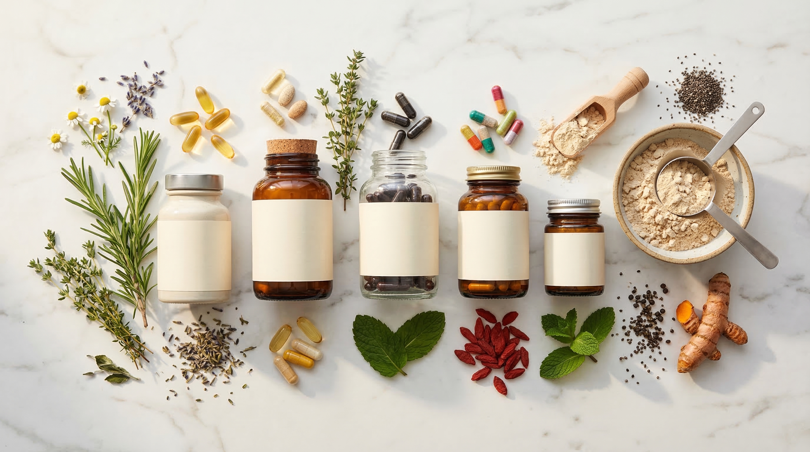 Suplementos de salud, vitaminas esenciales y pastillas para adelgazar sobre superficie de mármol